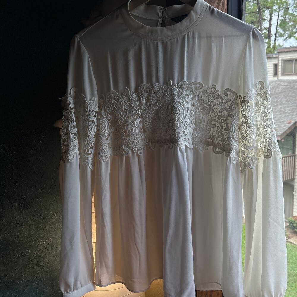 Express Seriously Stunning Crochet Flowy Blouse in Ivory